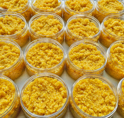 rows of turmeric and neem salt scrub jars 